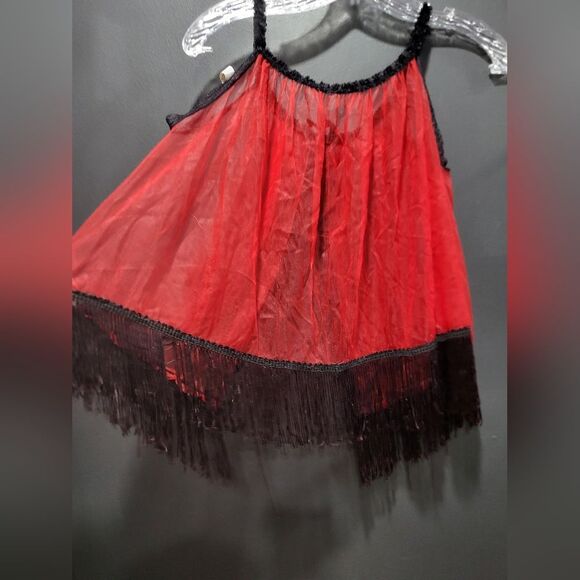 VINTAGE EXOTIQUE OF NEW YORK RED AND BLACK LACE AND FRINGE BURLESQUE LINGERIE - Picture 6 of 8